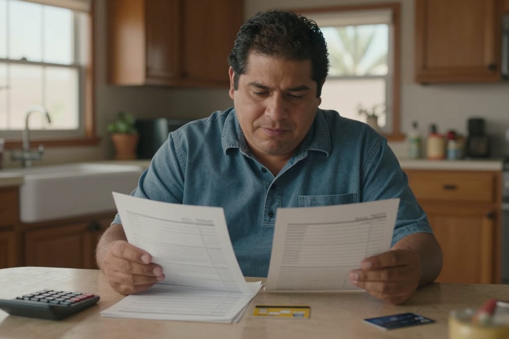 A man in a blue shirt comparing two paper statements at a kitchen table with credit cards and a calculator