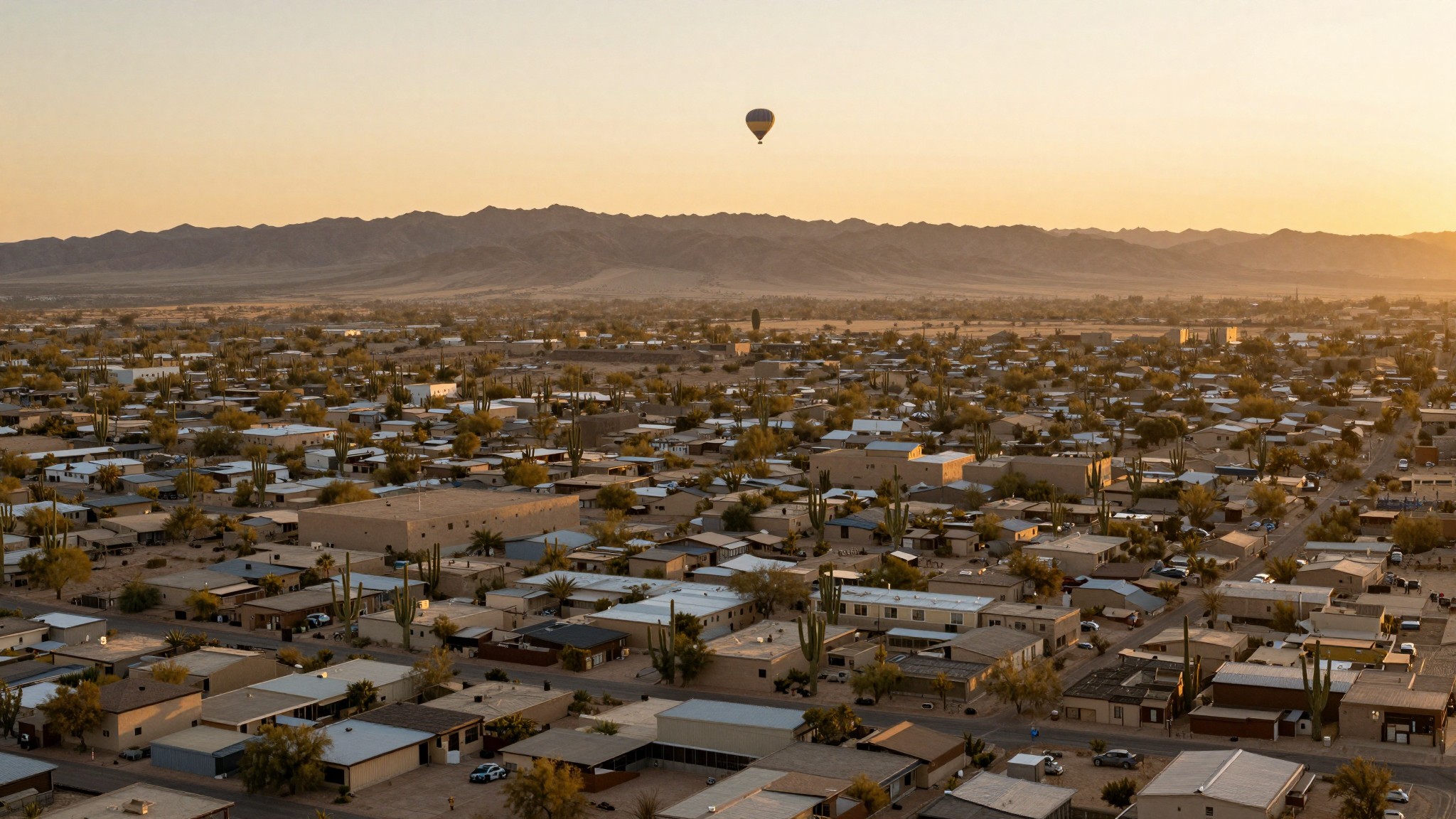 Valley of new rooftops with a distant hot-air balloon
