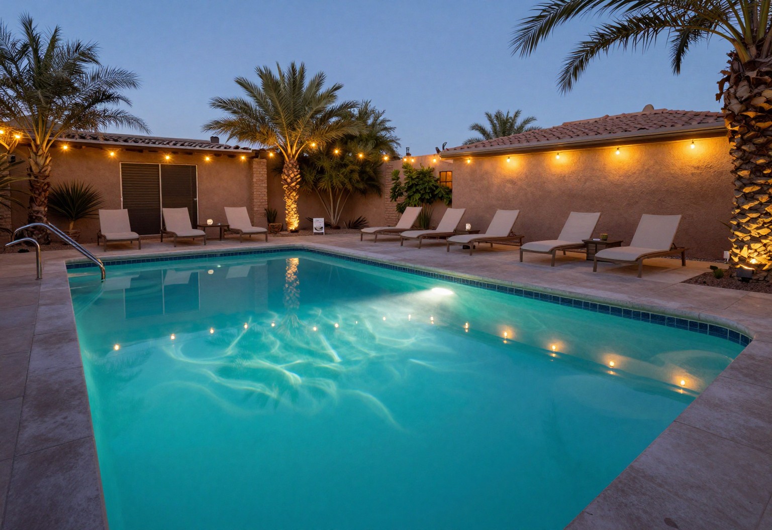 Backyard pool with palm shadows and lounge chairs