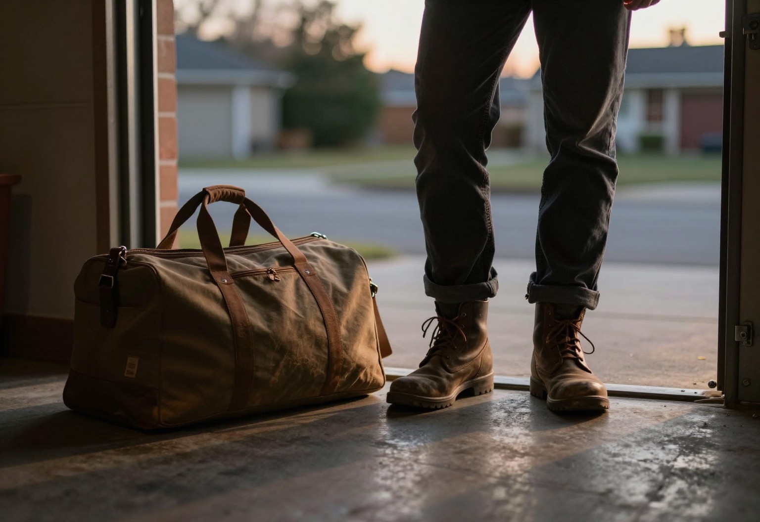 Boots and duffel at an open garage threshold