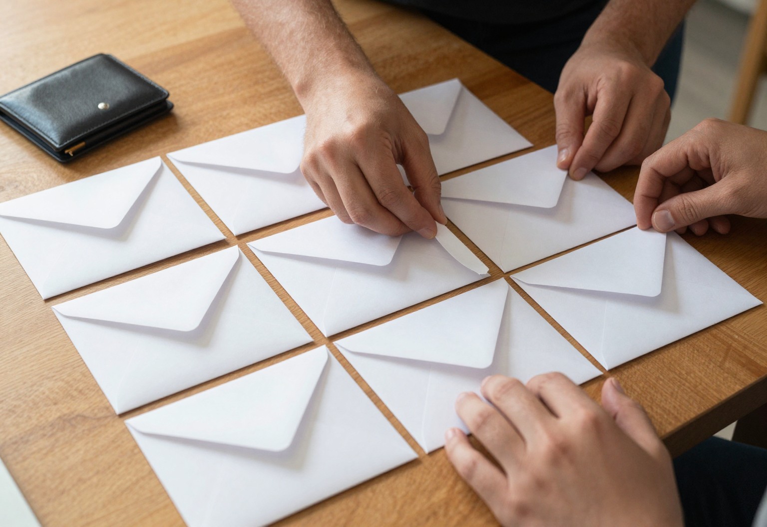 Hands sorting blank envelopes across a kitchen table