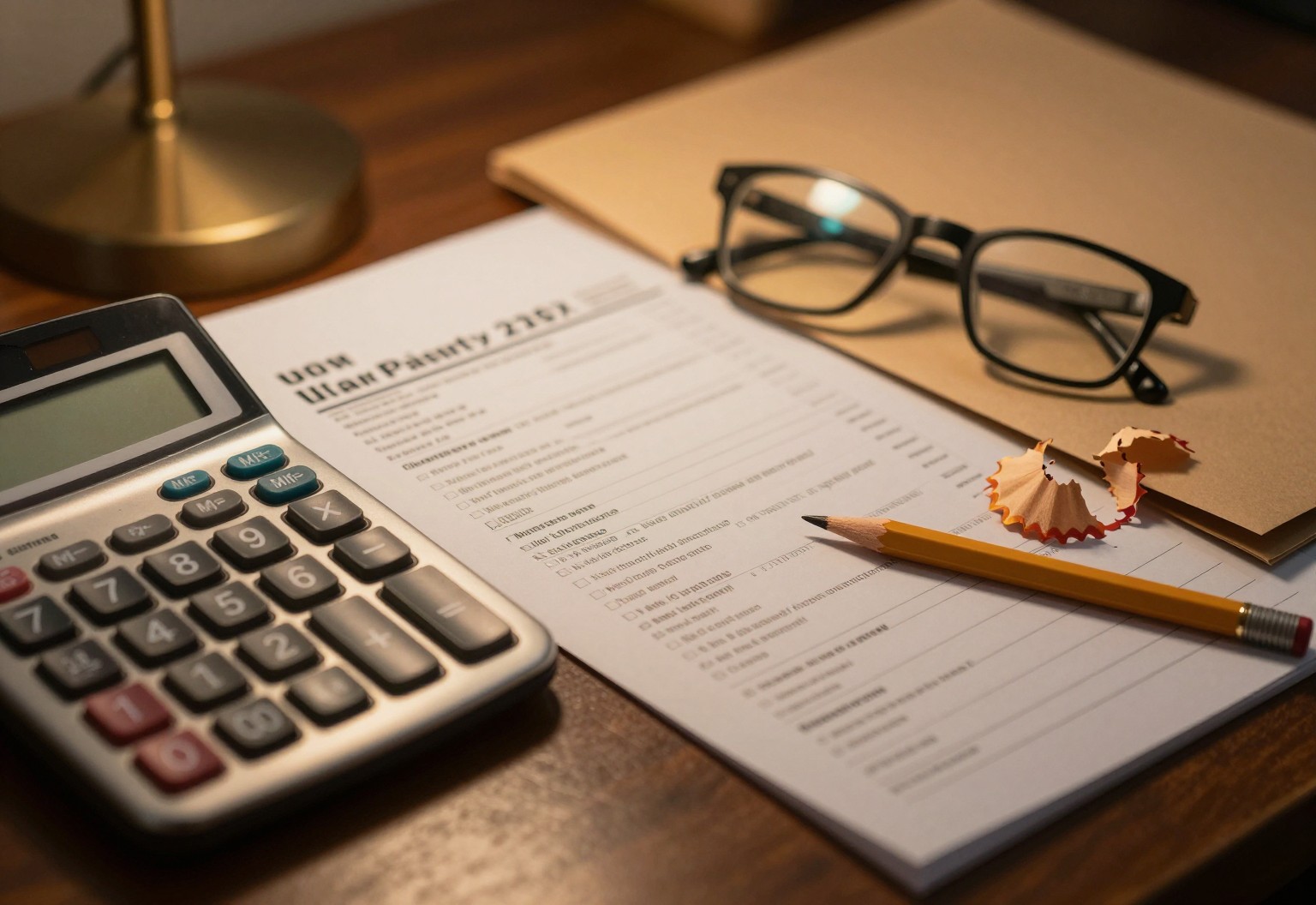 Calculator and manila folder under a warm desk lamp