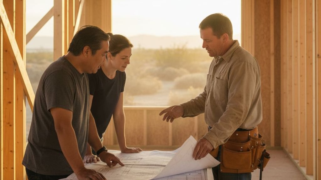 A couple review house plans with their builder inside an unfinished wood-frame house, desert hills outside