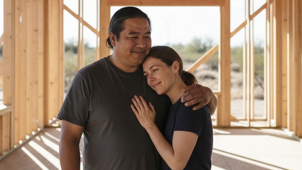 Inside the wood frame of their unfinished Arizona home, he pulls her close and smiles down at her while tears run down her cheek