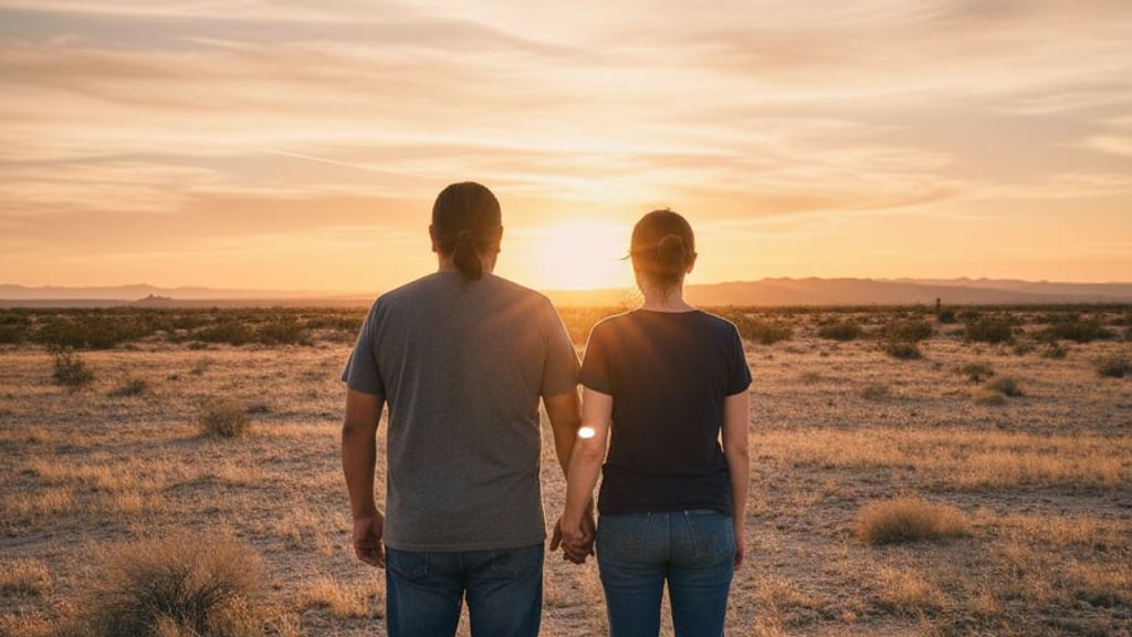 A couple stands with their backs to the camera, holding hands, watching the sun set over an empty Arizona desert lot