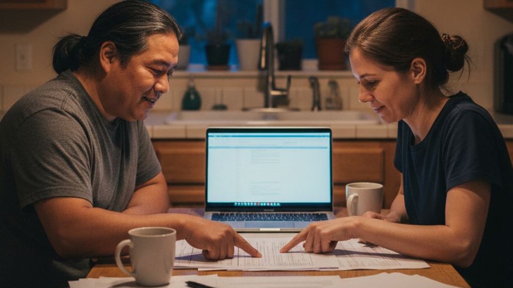 The couple points at the same line of a mortgage form at their kitchen table in the evening, a laptop and coffee mugs among the paperwork
