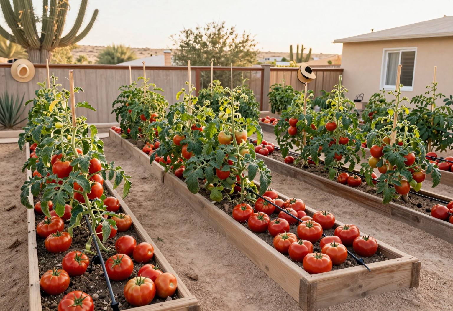 Raised garden beds with tomatoes in a desert backyard