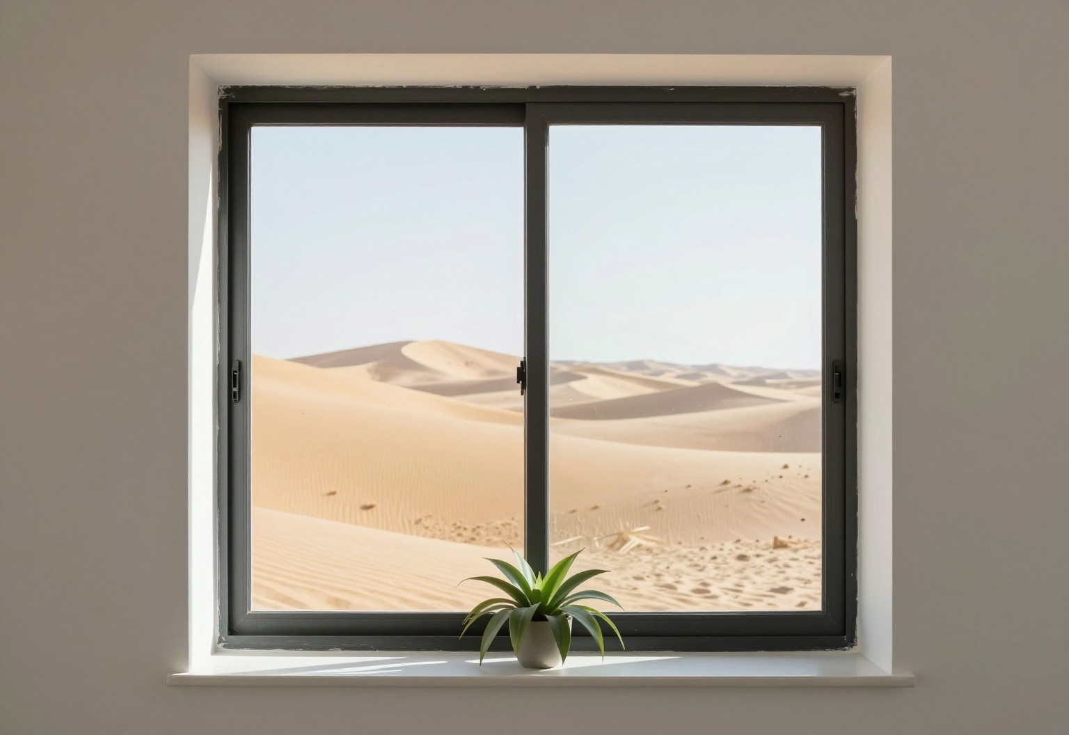 Double-pane window framing a crisp desert view