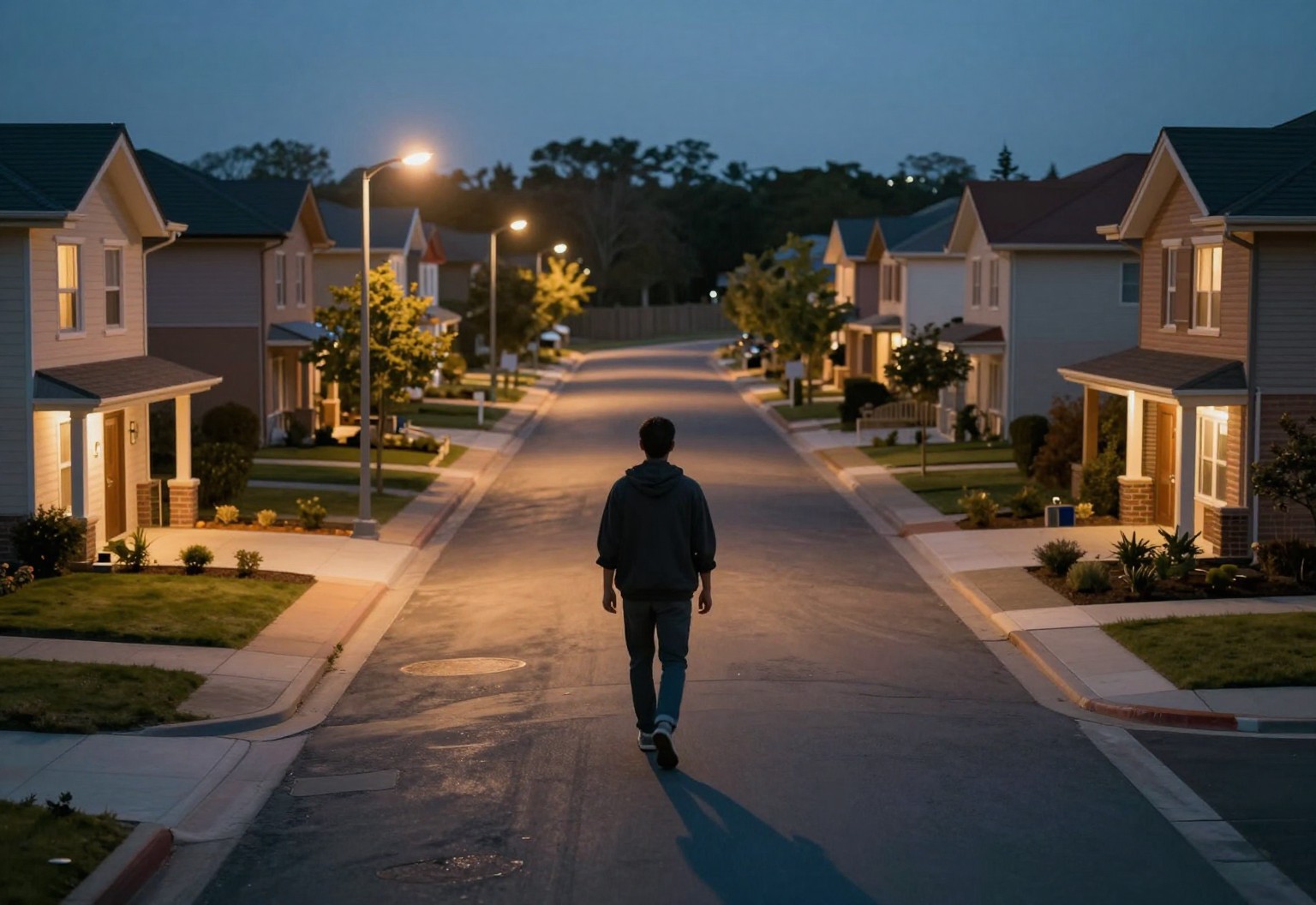 Walker pausing where a path forks between two streets