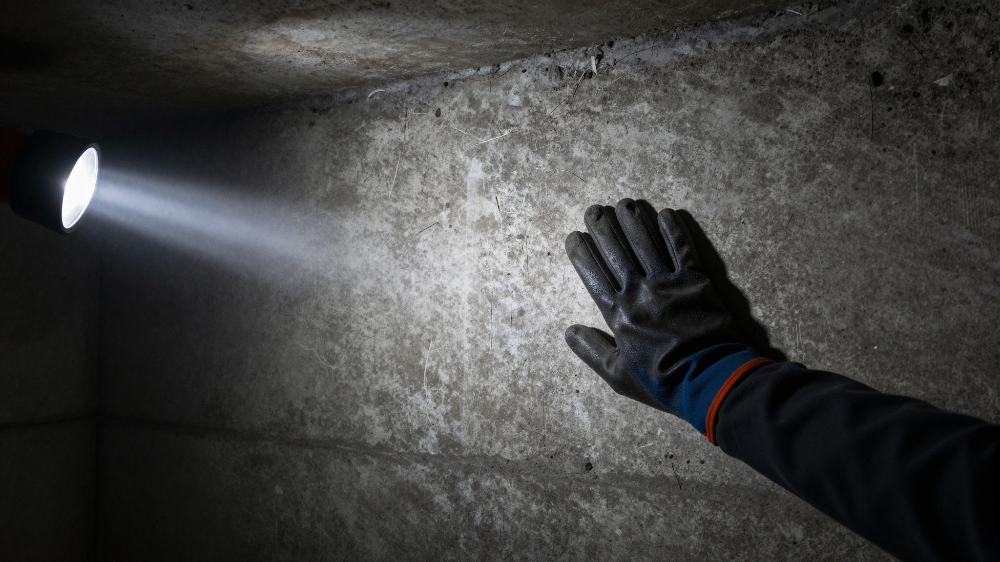 Flashlight beam along a concrete foundation wall