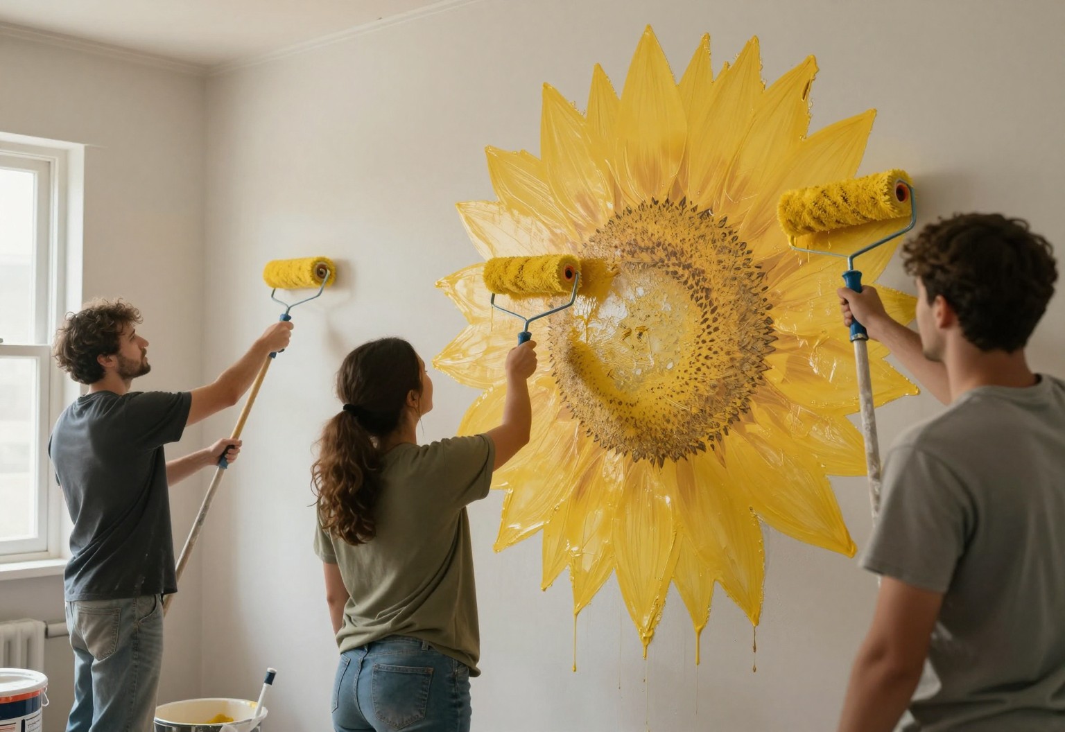 Friends rolling yellow paint onto a fixer-upper wall