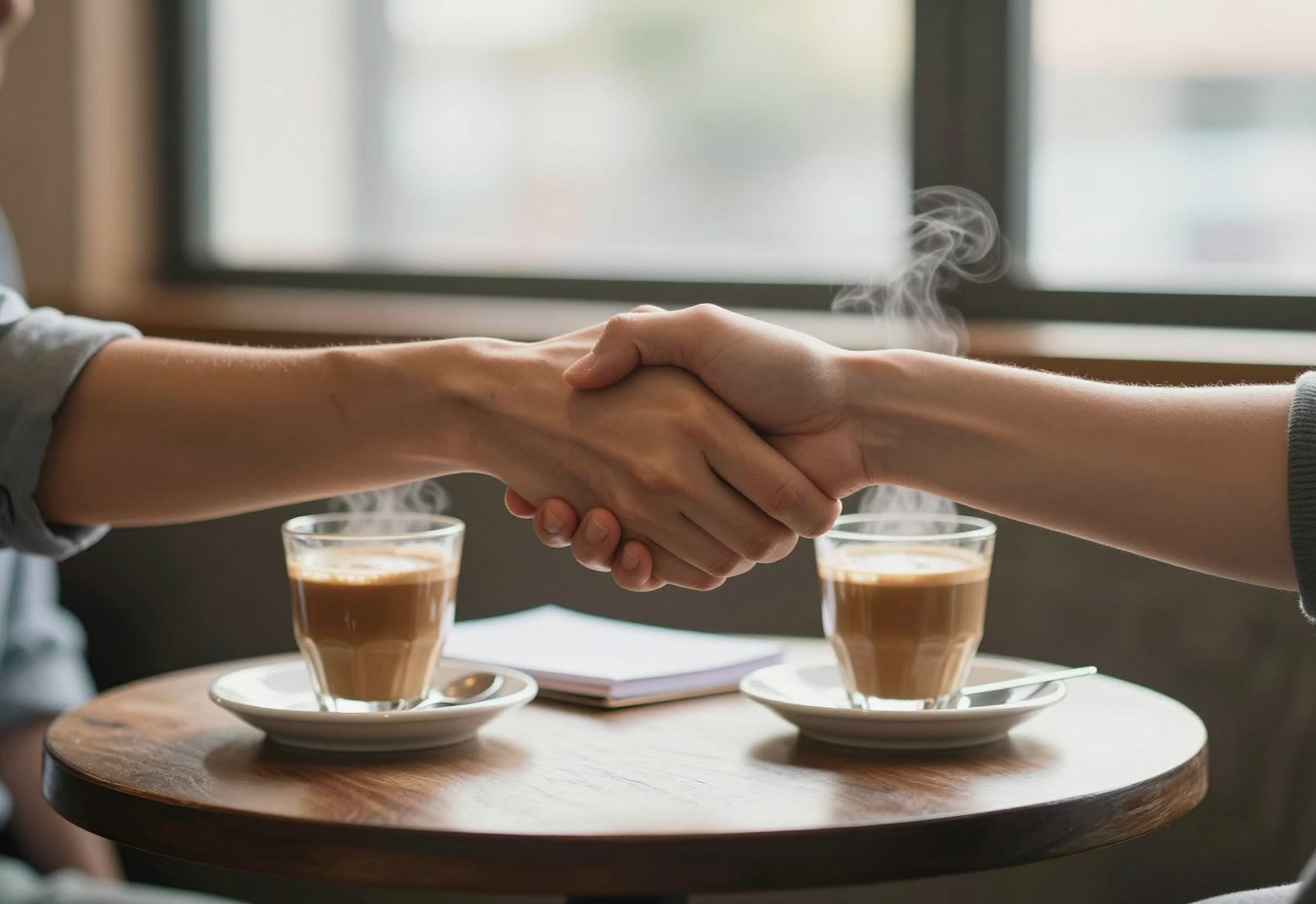 Handshake across a cafe table with two coffees