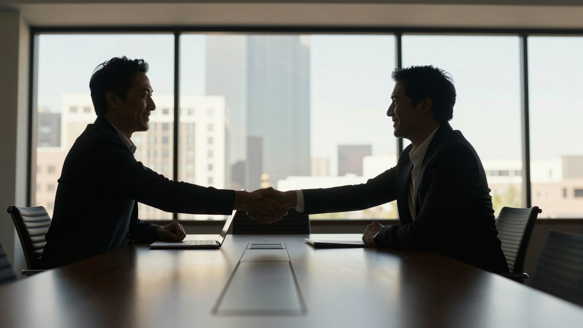 Two professionals shaking hands in a glass-walled office