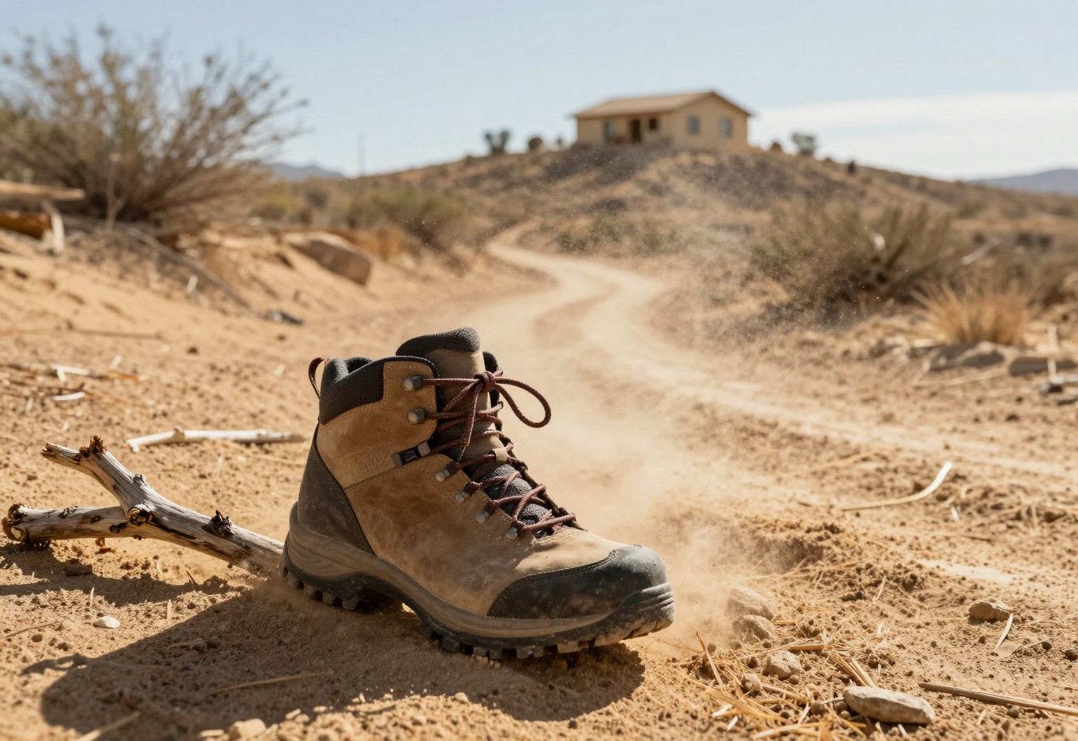 Hiking boots stepping over a branch on a desert trail