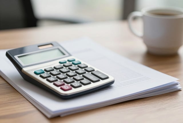 A calculator and financial documents on a wooden table beside a coffee mug