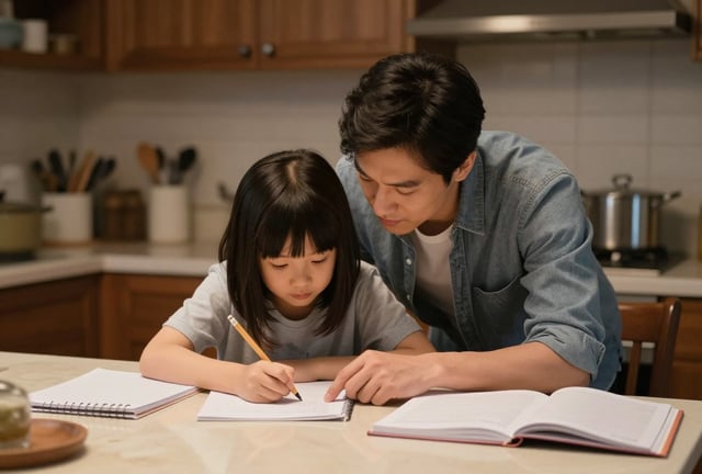 A parent and child working through homework together at a kitchen island