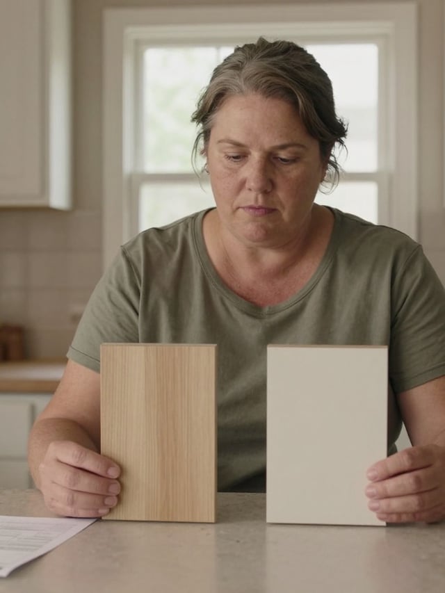 Homeowner holding wood and cream cabinet samples beside paperwork on a kitchen counter