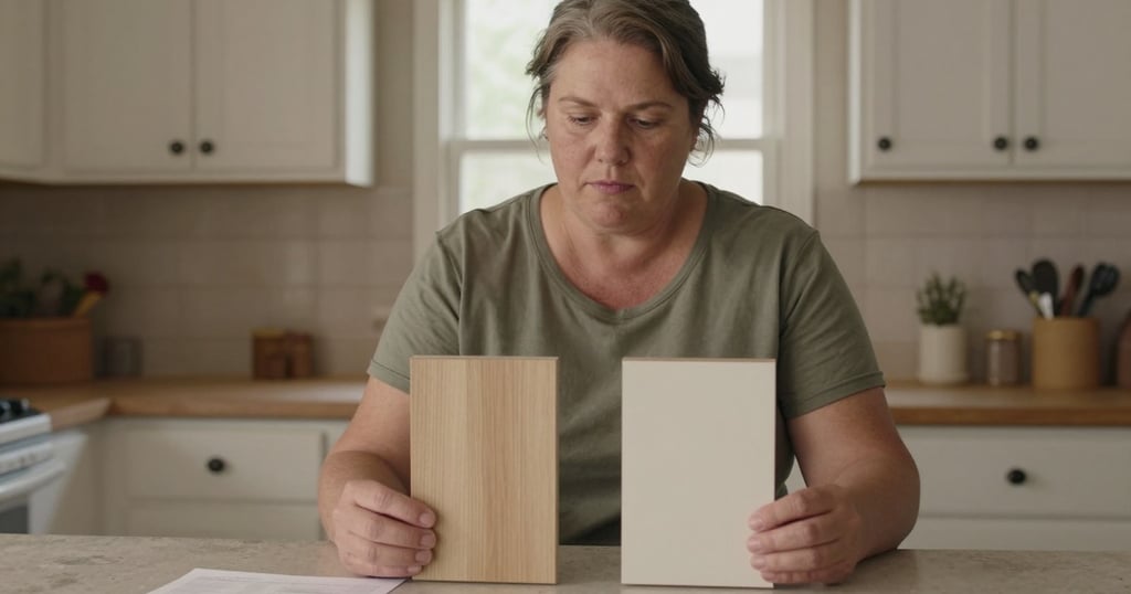 Homeowner holding wood and cream cabinet samples at a kitchen counter