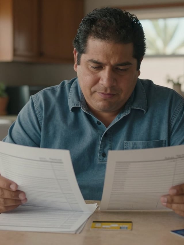 A man in a blue shirt comparing two paper statements at a kitchen table with a credit card in front of him