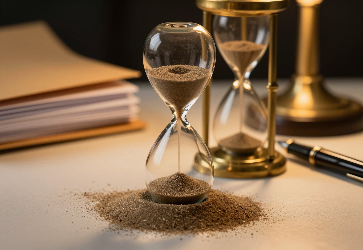Brass hourglass beside folders on a banker's desk