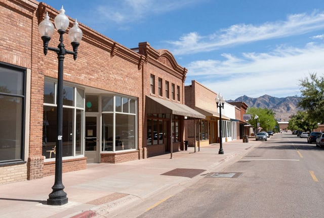 Historic downtown Kingman, Arizona street scene along Route 66 with desert mountains beyond