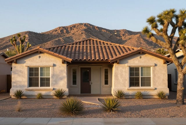 A single-family home in a Kingman, Arizona neighborhood with desert landscaping and mountain views