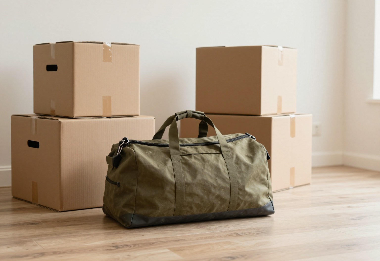 Duffel bag and moving boxes in an empty living room
