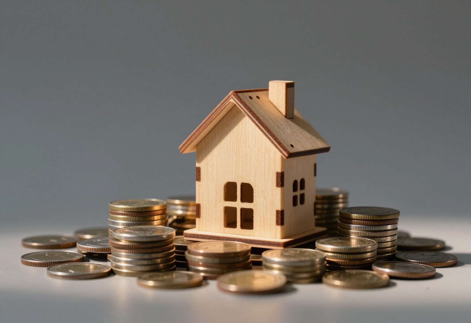 Wooden model house circled by stacks of coins