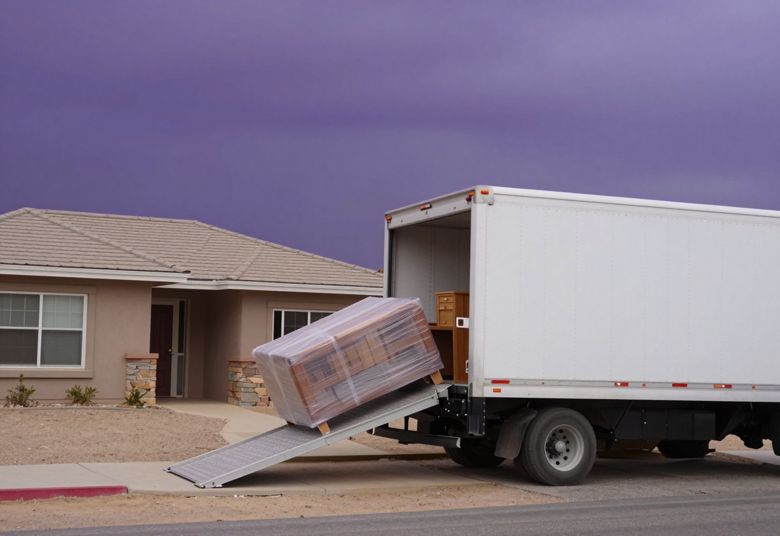Moving truck with ramp down before a desert home