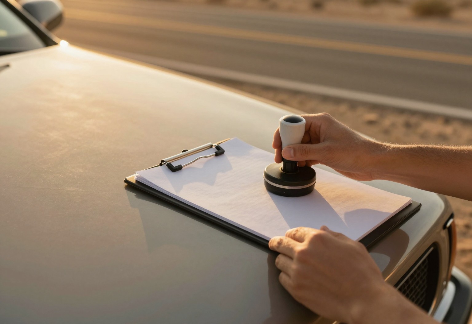 Hands stamping a clipboard on a car hood
