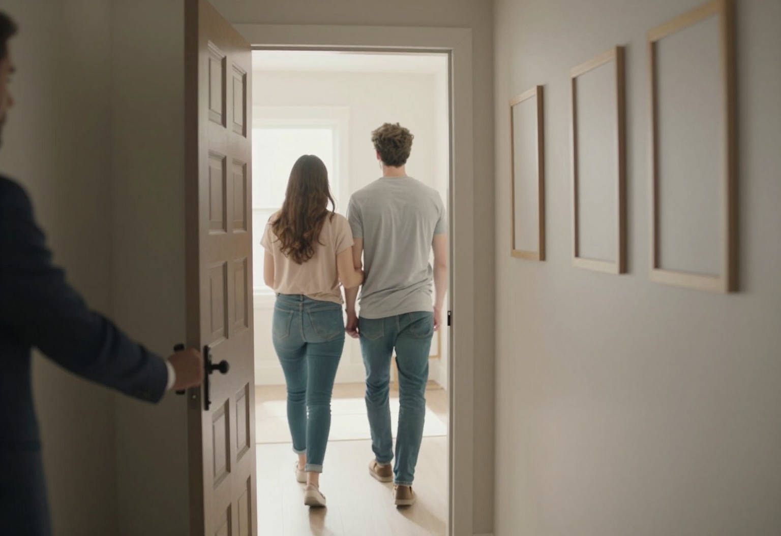 Realtor opening a model home door for a couple