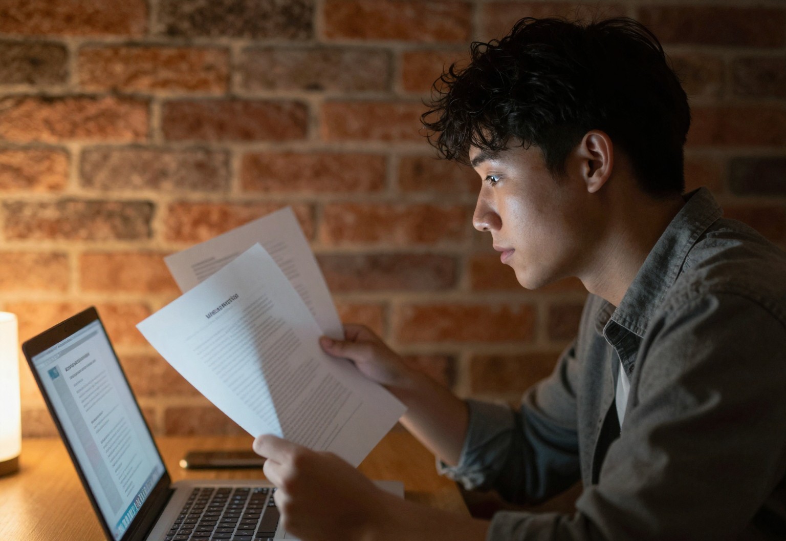 Person reviewing paperwork beside a laptop in a loft