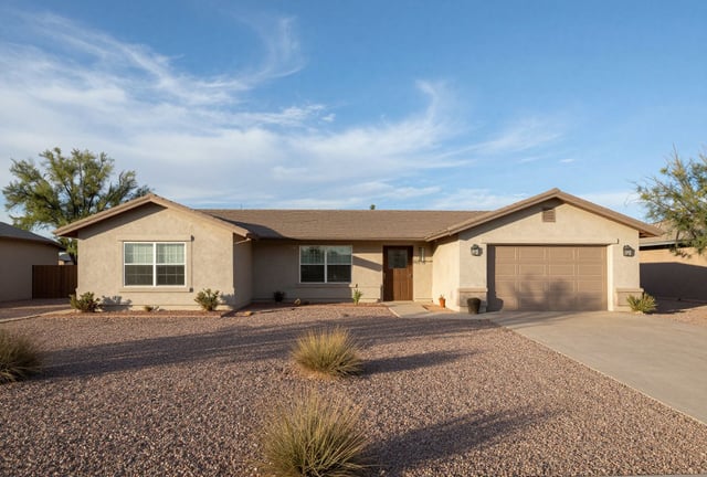 A modest ranch home with a wide desert yard and big southern Arizona sky
