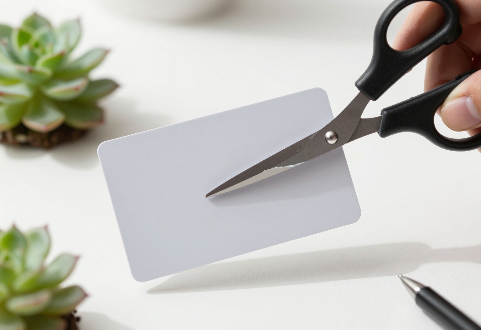 Scissors cutting a blank plastic card on a desk