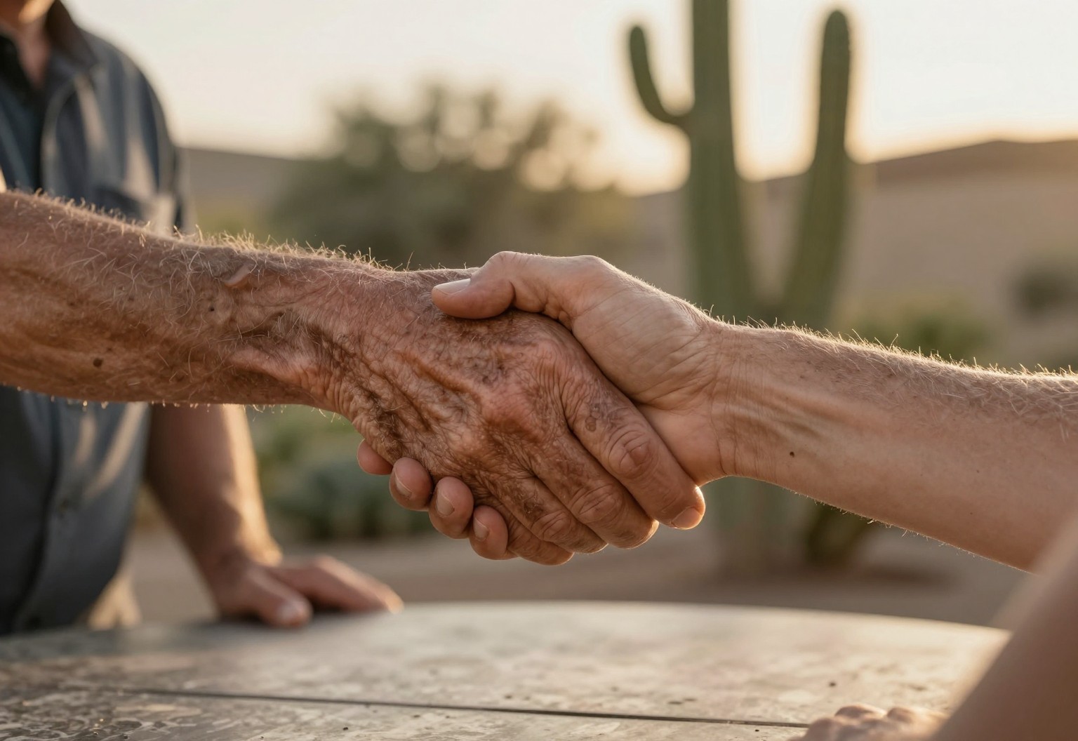 Senior and advisor hands shaking across a patio table