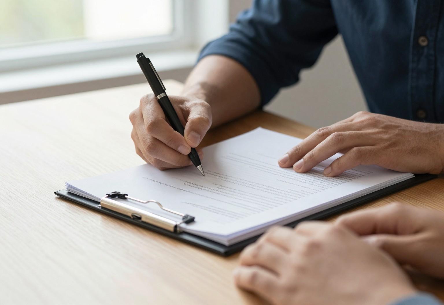 Hands signing an agreement at a dining table