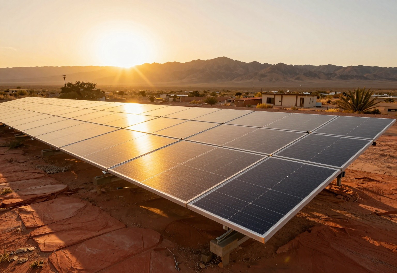 Solar panels on a clay-tile roof at sunset