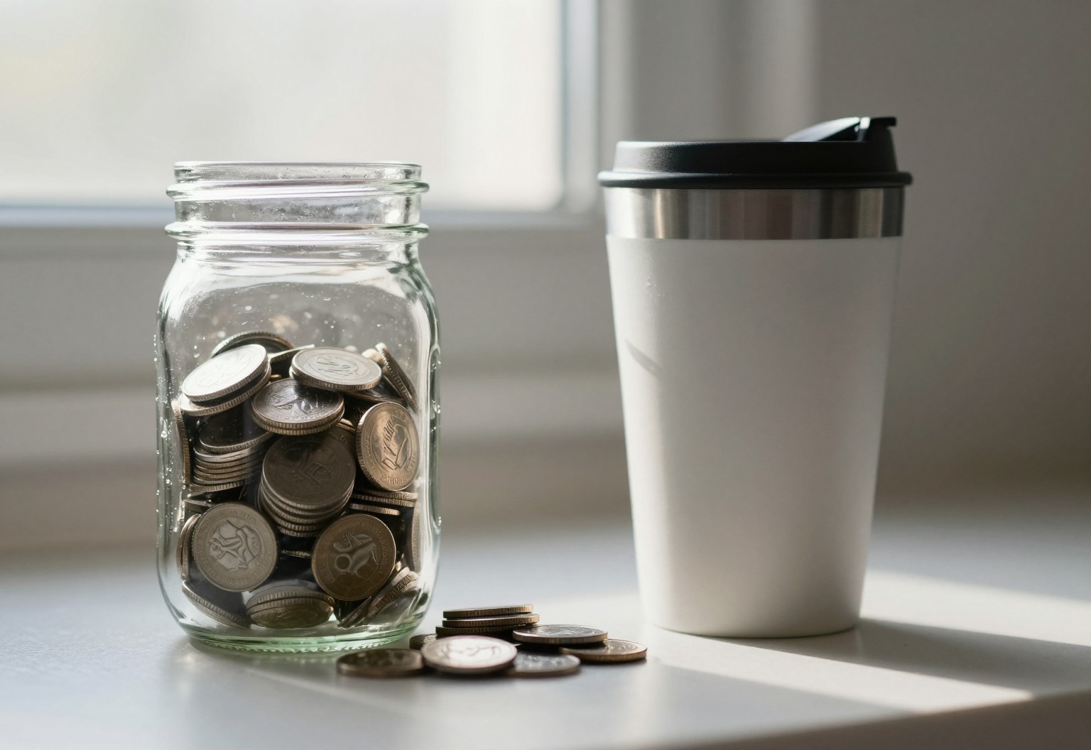 Jar of spare change beside a travel coffee mug