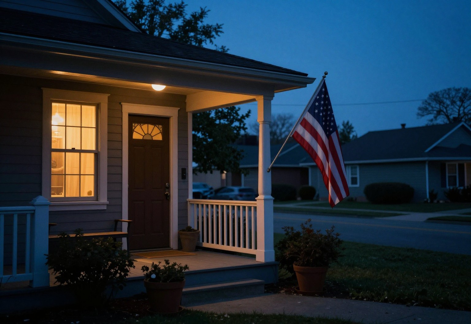 Quiet front porch with a small flag at dusk