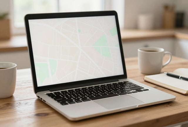 A laptop showing a property eligibility map on a kitchen table with coffee and notebooks