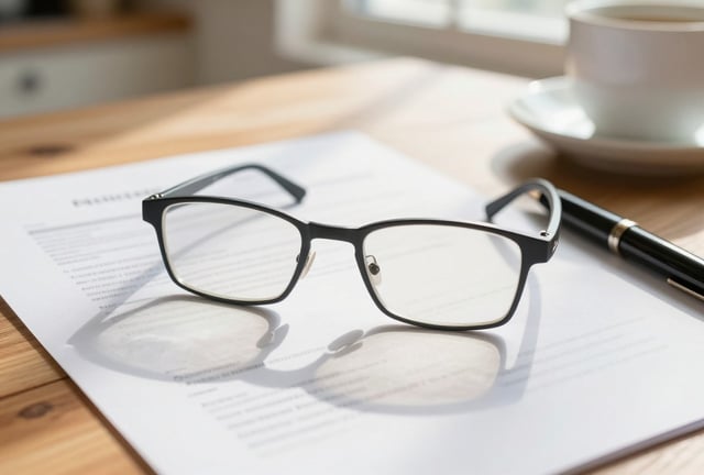 Reading glasses and a pen resting on loan paperwork at a sunlit kitchen table