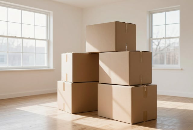 Moving boxes stacked in the bright empty living room of a modest home