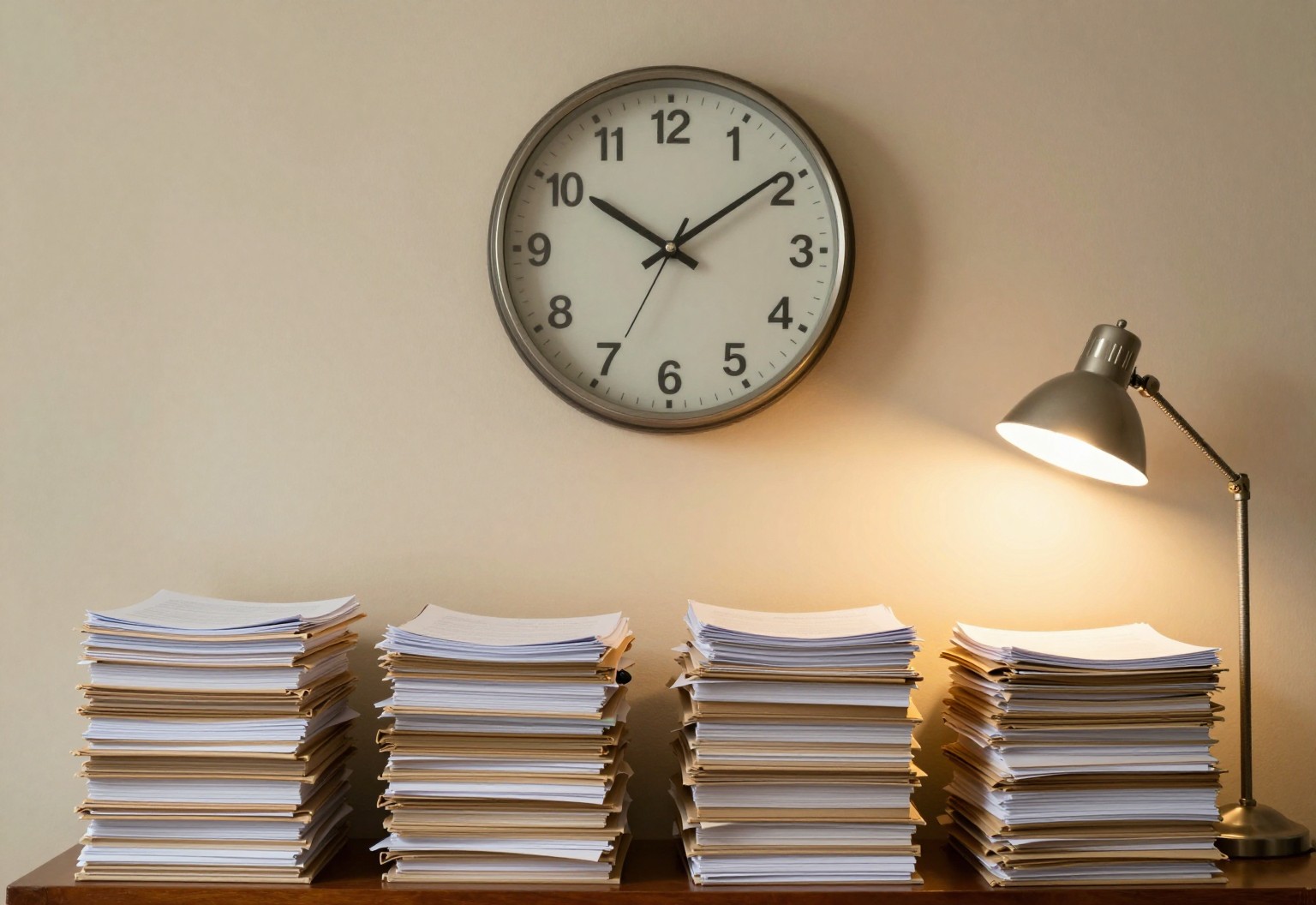 Wall clock above stacked case files on a desk