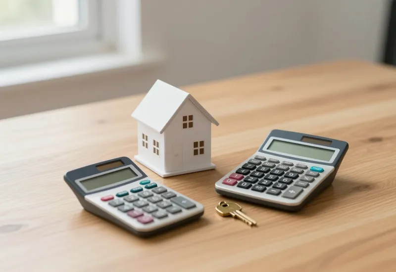 A miniature house model beside a calculator and a brass key on a wooden desk