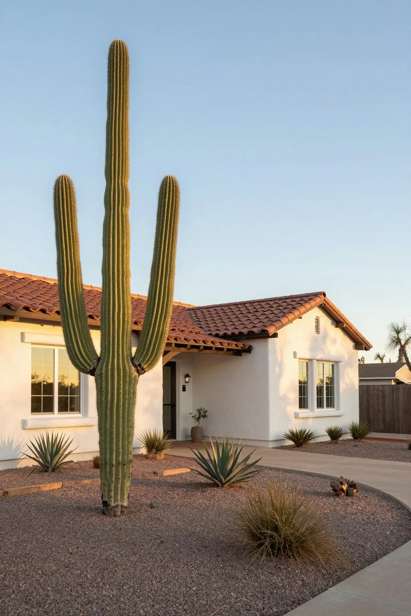 A tall saguaro cactus in front of a single-story Arizona ranch home with a tile roof in golden-hour light