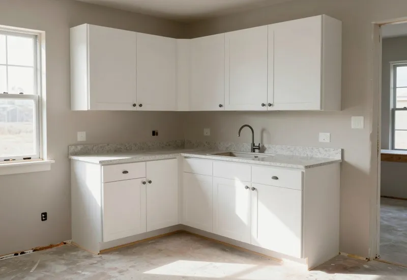 A kitchen mid-renovation with new cabinets partly installed and a quartz countertop waiting to be set