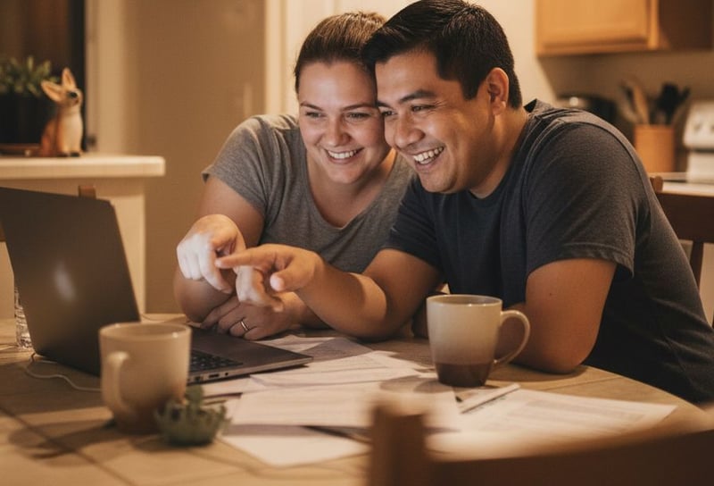 A couple pointing at a laptop over paperwork at their kitchen table in the evening