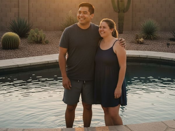 A couple standing together in their new backyard pool at sunset