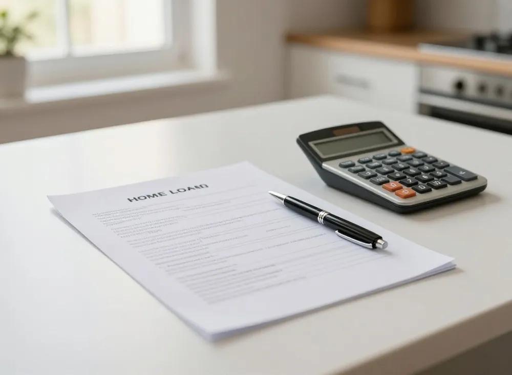 Home loan paperwork with a calculator and pen on a kitchen table