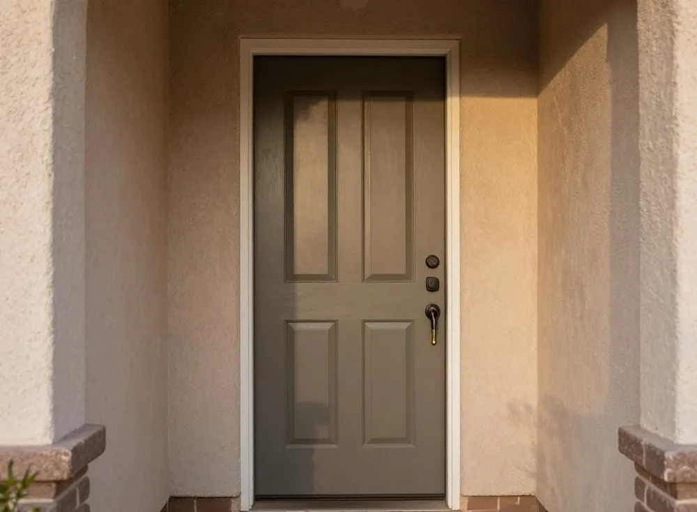 Front door of a modest Arizona home with a key in the lock